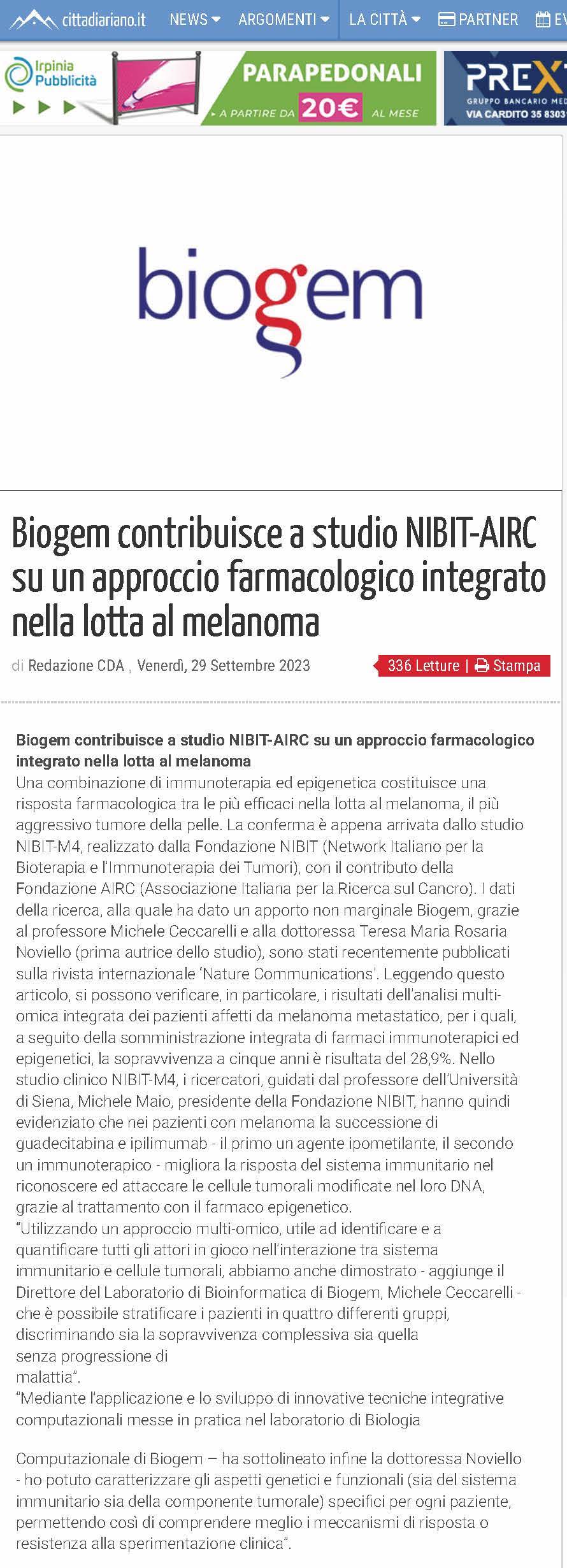 Biogem contribuisce a studio NIBIT-AIRC su un approccio farmacologico integrato nella lotta al melanoma